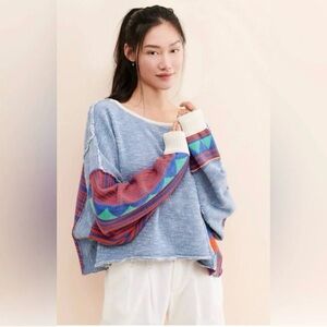Free People Patchwork Pullover Sweater Blue Multi Size XS